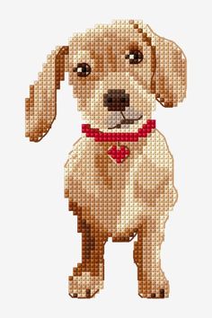 a cross stitch dog with a red bow tie on it's collar, standing in front of a white background