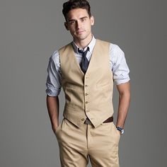 yes and yes- rolled sleeves, like the colors, yes. Beach Wedding Groom Attire, Groom Vest, Beach Wedding Groom, Khaki Suit, Casual Grooms, Semi Formal Attire, Semi Formal Outfits, Tan Suit