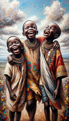 three black children laughing and standing together in front of a sky with birds flying overhead