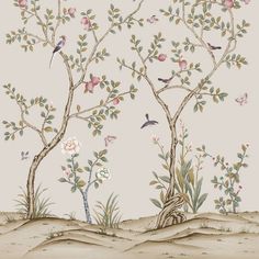 a painting of two trees with birds on them and flowers in the foreground, against a beige background