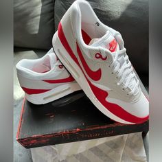 Red. Air Max. New In Box Red Air Max, Nike Air Max Sneakers, Womens Nike Air Max, Nike Air Max 2016, New Nike Air Force, Shoes Nike Air, Nike Sale, White Running Shoes, Jordan 2