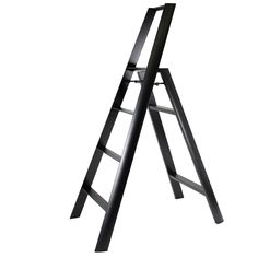 a black metal ladder stands against a white background