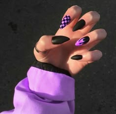 Checkered Nails, Uñas Aesthetic, Nails Colorful, Purple Acrylic Nails, Punk Nails, Edgy Nails, Goth Nails, Grunge Nails, Simple Acrylic Nails