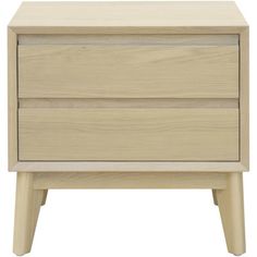 a wooden nightstand with two drawers on one side and an open drawer on the other