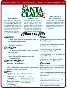 a menu for santa clause with the words, food and fun on it's side