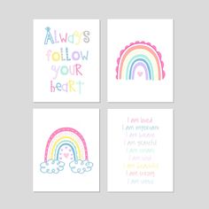 four cards with rainbows, clouds and hearts in pastel colors on white paper