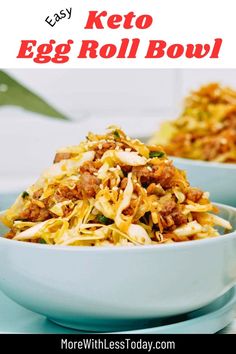 two bowls filled with keto egg roll bowl on top of a blue tablecloth