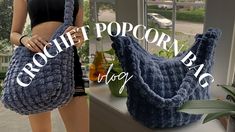 the crochet popcorn bag is on display next to a woman's legs