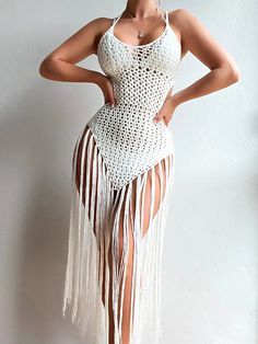 SORTYGO - Tropical Temptation Halter Fringe Beach Dress in YY0133W1 One Size Crochet Swimwear Pattern, Beach Outing, Summer Elegance, Crochet Beach Dress, Pullover Windbreaker, Backless Design, Women's Cover Up, Inspiration Mode, Cover Up Dress