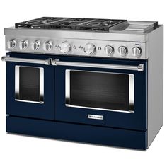 a blue oven with two burners and one door on the front, is shown