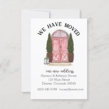 a business card with the words we have moved and an image of a pink door