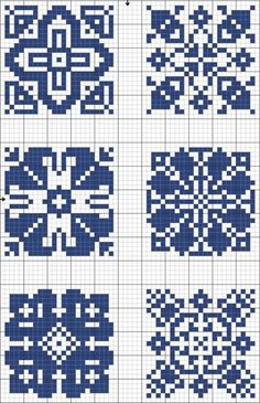 the cross stitch pattern is in blue and white, with four different designs on it