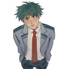 an anime character with green hair wearing a red tie and blue suit, standing in front of a white background