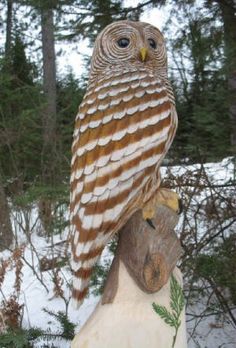 an owl statue sitting on top of a tree stump in the snow with trees behind it