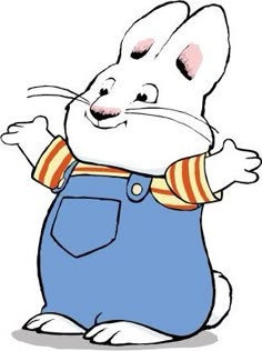 an image of a cartoon mouse with his arms out and legs spread wide, wearing overalls