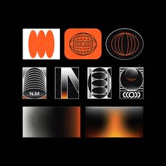 an orange and black poster with different logos