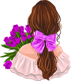 the back of a girl with long hair and a bow holding purple flowers in her hand