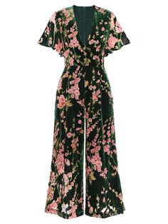 Elegant Fitted Floral Jumpsuits And Rompers, Green Floral Print Jumpsuits And Rompers For Party, Fitted Vintage Floral Print Jumpsuits And Rompers, Style Vert, Retro Stage, Plum Blossoms, Vintage Jumpsuit, Velvet Jumpsuit, Standard Dress