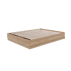 a wooden bed frame with slats on top and bottom, in front of a white background