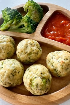 broccoli, cheese balls and sauce in a wooden bowl