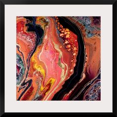 an abstract painting with red, yellow and blue colors in black framed art print by person