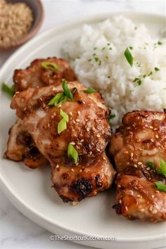 chicken with sauce and rice on a white plate