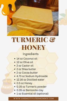 the ingredients for tumericic and honey are shown in this poster, which shows information about how to use it