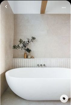 a large white bath tub sitting next to a plant on top of a tiled floor