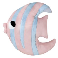 a pink and blue fish shaped pillow on a white background