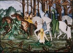 a painting of people riding horses in the woods