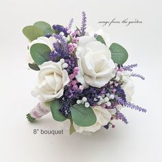 a bridal bouquet with white roses and purple flowers is shown on a white background