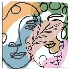 an abstract painting with lines and shapes in the shape of people's faces on a white background