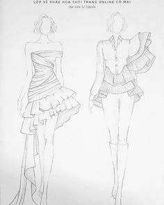 two women's dresses are shown in black and white, one is drawn on paper