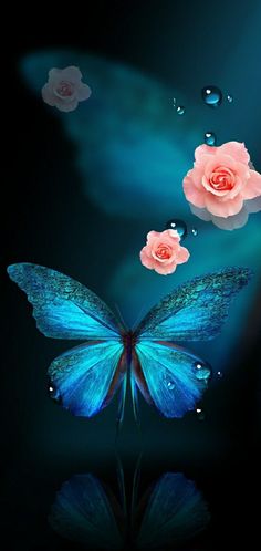 a blue butterfly with pink roses floating on it's wings and water droplets around it