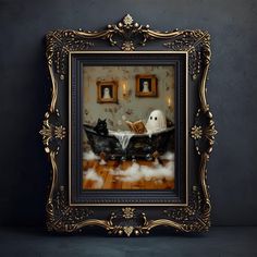 a framed photograph of two cats in a bathtub with ghost's on the floor