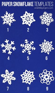 paper snowflake templates are shown in white on a blue background with numbers