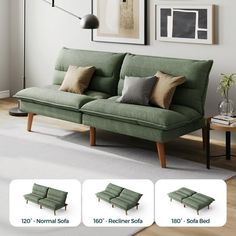 a green couch sitting on top of a white rug