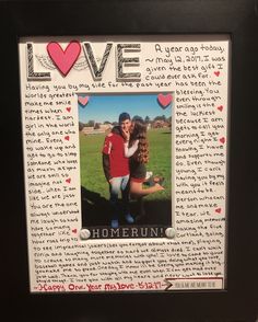 a framed photo with the words, love and two people in front of a field