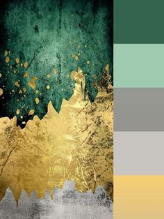 an abstract painting with gold and green colors