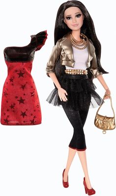 a barbie doll is holding a purse next to a red and black dress with stars on it