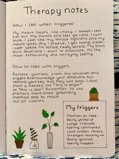 an open notebook with instructions on how to use the therapy notes for plant care and houseplants