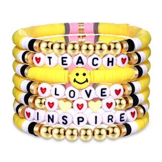 PRICES MAY VARY. ღ Teacher Appreciation Gifts: The successful journey of a student depends on the dedications of a teacher. Delight your favorite teacher with our colorful Heishi bracelet set, features 7 strand of polymer clay beaded bracelets with letter TEACH, LOVE, INSPIRE decorated. Prefect accessory for our wonderful teachers and educators that have been heroes this past year ღ Stackable Beaded Bracelets: It's the time to say thank you to all the brilliant teachers out there, all teachers w Letter Charm Bracelet, Teacher Bracelet, Teacher Jewelry, Stackable Beaded Bracelets, Preppy Bracelets, Wood Bead Bracelet, Girls Handmade, School Teacher Gifts, Great Teacher Gifts