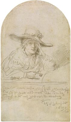 a drawing of a woman with a hat on her head and writing in the background