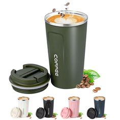 the coffee cup with lid is next to several different types of cups and their lids