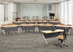 an empty classroom with desks and chairs