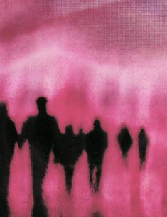 the silhouettes of several people walking in front of a pink and black sky with clouds