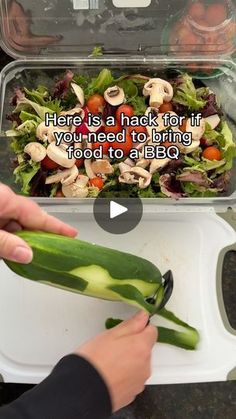 a person is cutting up a salad in a plastic container with the words here is a hack for if you need to bring food to bbq