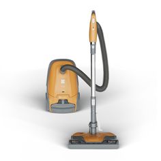 an orange and gray vacuum cleaner on a white background