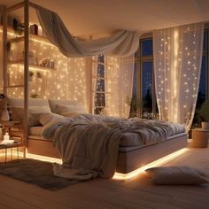 a bedroom with lights on the walls and a bed