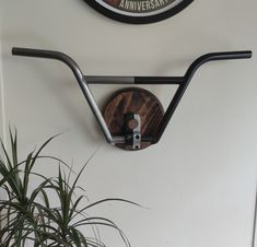 a bicycle handlebar mounted to the side of a wall next to a potted plant